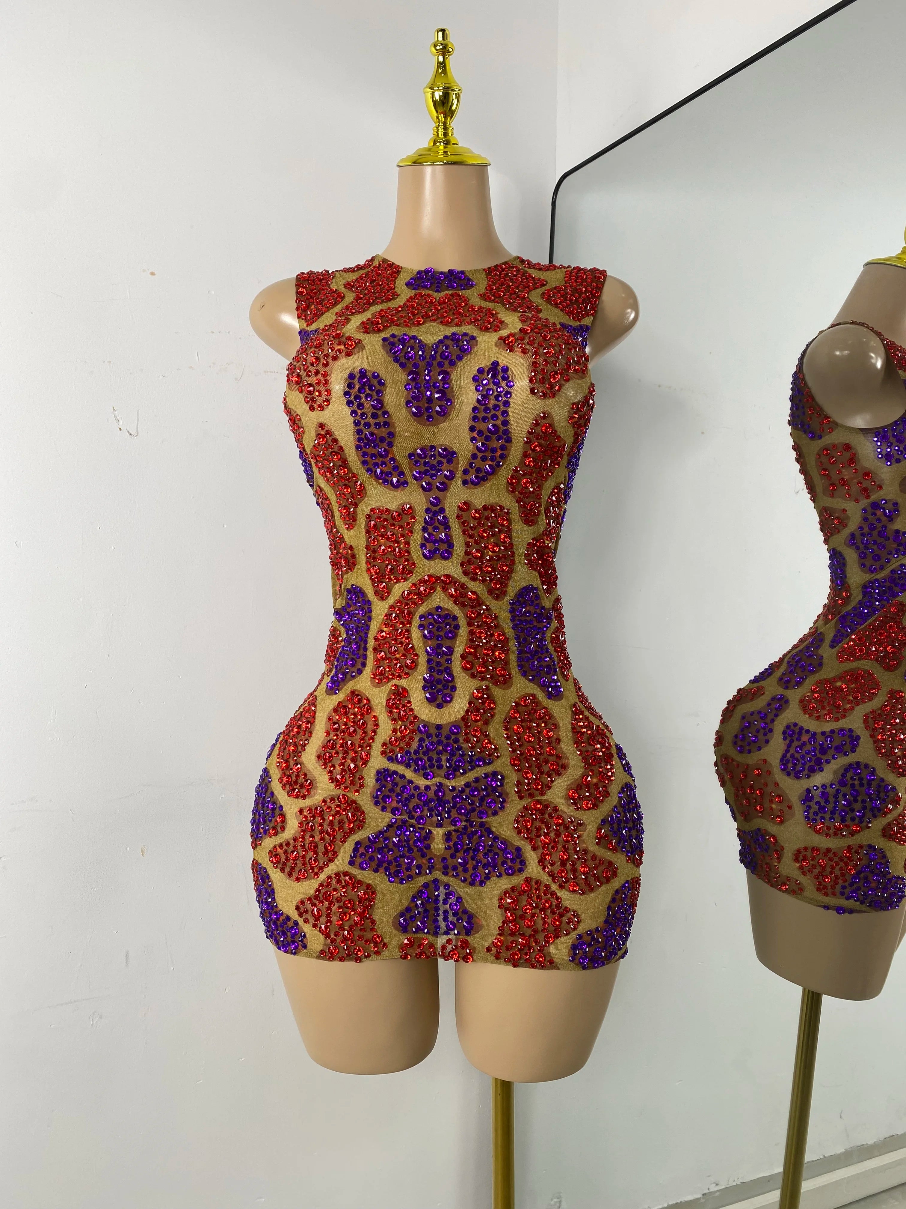 Sparkly Rhinestones Women Sexy Sleeveless Mesh See Through Mini Bodycon Birthday Dress Party Stage Wear Performance Costume